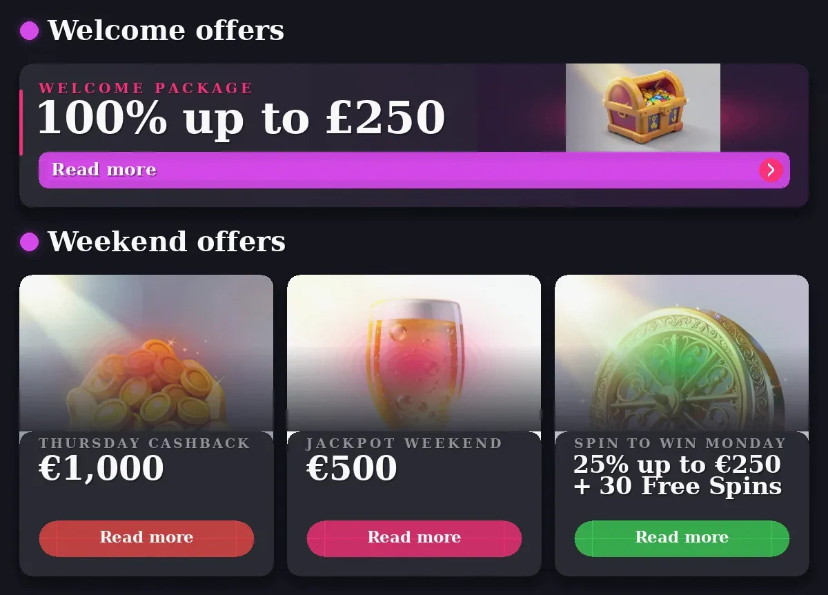 LetsJackpot Casino: 100% £250, €1,000, €500, 25% up to €250 + 30 Free Spins